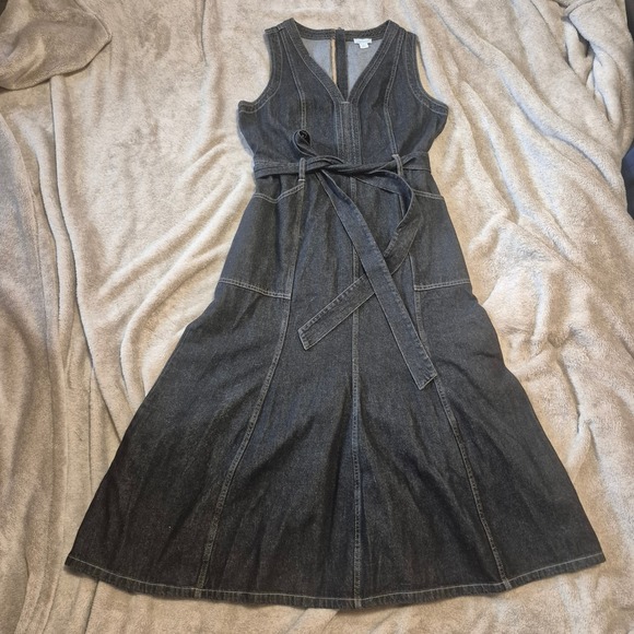 Sundance Dresses & Skirts - Sundance Womens Black Denim Midi Dress Size 12 Sleeveless V-Neck Belted A-Line